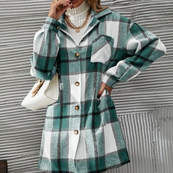 2 piece set Plaid Print Button Front Overcoat & Skirt - Picture 2 of 7